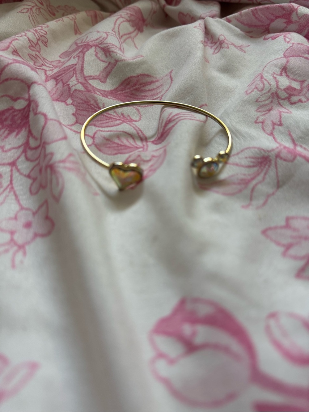 Gold Heart Open Cuff Bracelet - Pink Opal Accent